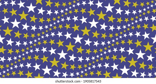 Seamless pattern vector illustration. Stars with bluish purple background. Gold and white colored star images. Simple wavy geometric galaxy graphic, wallpaper. Textured textile design shapes.