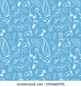Seamless pattern vector illustration summer doodle staff: surfing . summer time. Travel illustrations.summer time. design of wrapping paper, textile, print. outline draw.