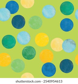 Padrão perfeito, ilustração vetorial. Textura com cores brasileiras, verde, azul e amarelo. Polka pontos imprimir, cores vibrantes, confete. Tema divertido, festa, carnaval. Replicável.