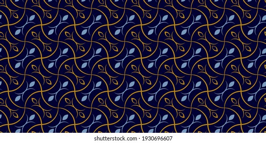 Ilustración vectorial de patrón sin inconvenientes. Imágenes ornamentales amarillas enlosadas. Formas curvadas azul claro con fondo azul oscuro. Textura ondulada. Patrón gráfico para tela, textil, papel pintado, embalaje, regalo.