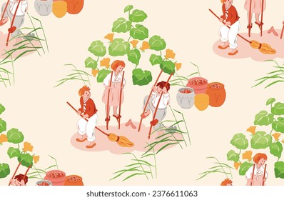 Seamless pattern vector illustration of a Traditional Korean Game Riding Bamboo Sticks like Horses.				
