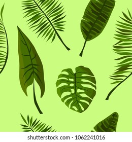 seamless pattern, vector illustration, tropical leaves pattern, green, multicolored