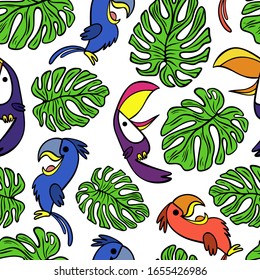 Seamless pattern, vector illustration with tropical monstera leaves and exotic birds on white background. For printing on textiles, wallpaper, wrapping paper, interior decoration and travel agencies.