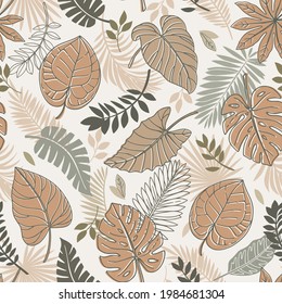 Seamless pattern. Vector illustration of tropical leaves. Pastel background. Banner with tropic summertime motif may be used as background texture, wrapping paper, textile or wallpaper design.