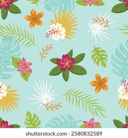 Seamless pattern vector illustration of tropical flowers and leaves