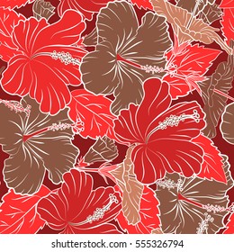 Seamless pattern Vector illustration. Seamless tropical flower, brown, orange and red hibiscus pattern.