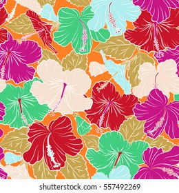 Seamless pattern Vector illustration. Seamless tropical flower, red and yellow hibiscus pattern.