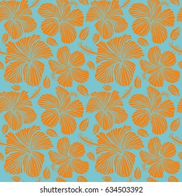 Seamless pattern Vector illustration. Seamless tropical flower, orange and blue hibiscus pattern.