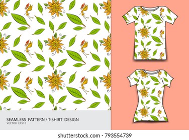 seamless pattern vector illustration, T-shirt design, fabric texture, fashion wear, clothing, leaves and flower, nature background