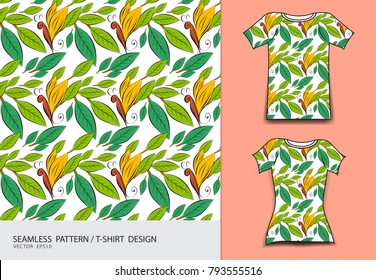 seamless pattern vector illustration, T-shirt design, fabric texture, fashion wear, clothing, leaves and flower, nature background