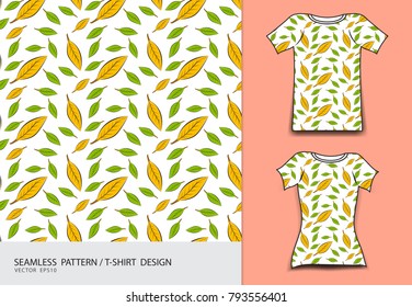 seamless pattern vector illustration, T-shirt design, fabric texture, fashion wear, clothing, leaves and flower, nature background