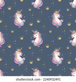 Seamless pattern. Vector illustration of a unicorn head. Romantic hand drawing illustration for children.