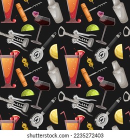 Seamless pattern. Vector illustration of various drinks, bar tools isolated on black.
