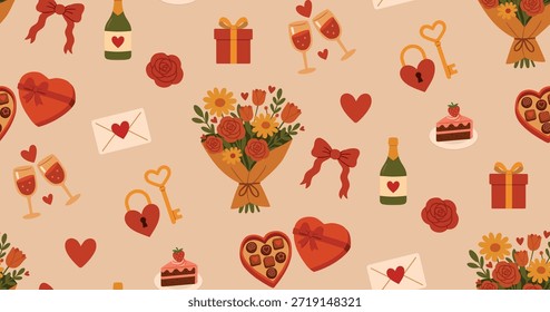 Patrón sin fisuras. Ilustración vectorial. Impresión de Antiguas. Patrón de San Valentín. Ramo de flores y caramelos. Conjunto de regalo.