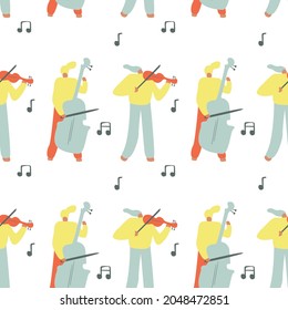 Seamless pattern. Vector illustration with violinist. Cartoon character. 