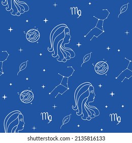 seamless pattern. vector illustration. virgo constellation. virgo zodiac sign. horoscope, star, planet and element. 