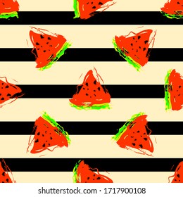 Seamless pattern vector illustration watermelon  on light yellow background with black stripes
