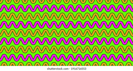 Seamless pattern vector illustration. Wave or zigzag ribbon shapes with green background. Orange, pink and black colored motives. For textile and decoration. Repeat design texture. Geometric shapes.