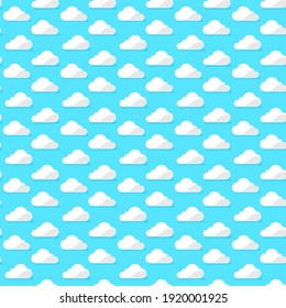 Seamless pattern vector illustration of white clouds with lovely bright gray shadows on a blue background in a minimalist style.  Idea for wallpaper, print media, children's fashion clothing.