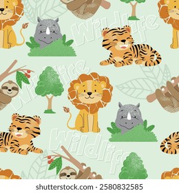 Seamless pattern vector illustration of wildlife animals cartoon