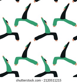 Seamless pattern. Vector illustration with woman doing yoga. Warrior- asana. Cartoon charcter