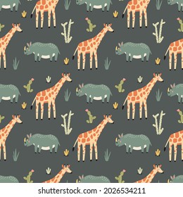 seamless pattern with vector illustrations of african animals, giraffe and rhinoceros. animalistic background for childrens design on a dark background