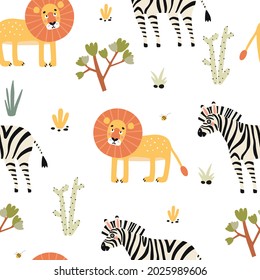 seamless pattern with vector illustrations of animals striped zebras and lions. animalistic background for childrens design on a white background