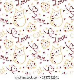 Seamless Pattern with Vector Illustrations of Cats Hearts Handwritten Text. Vector Illustrations isolated on white background for invitations, fabric, decor