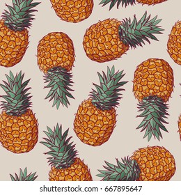 Seamless pattern with vector illustrations of pineapples