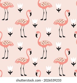 seamless pattern with vector illustrations pink flamingos with flowers. animalistic background for kids design on pink background