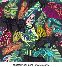 Seamless pattern with vector illustrations of tropical leaves and black panthers