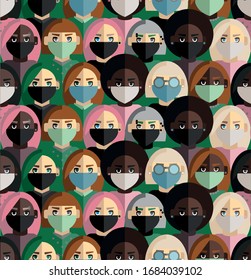 Seamless pattern vector illustrations of women. Stickers with female faces in madical masks. Coronavirus Protection. Girl power. EPS 10