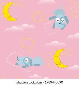 Seamless pattern with vector image of cute sleeping puppy, clouds, moon with closed eyes. Illustration of a sleeping dog with doodle elements on a pink background.