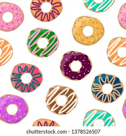 Seamless pattern. Vector image of donuts, buns. Baking with icing and dressing. Image for poster, postcard, menu design. Flat style. Set of donuts in different colors. Print for cafes, bakeries.