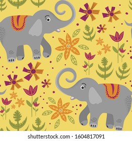 Seamless pattern. Vector image of a elephant on a botanical background. Flat illustration of african animals. Tropical plants and flowers. Wildlife Africa in doodle style.