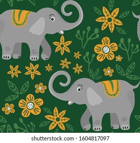 Seamless pattern. Vector image of a elephant on a botanical background. Flat illustration of african animals. Tropical plants and flowers. Wildlife Africa in doodle style.