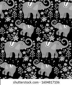 Seamless pattern. Vector image of a elephant on a botanical background. Flat illustration of african animals. Tropical plants and flowers. Wildlife Africa in doodle style.