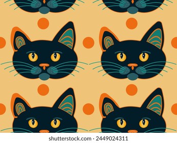 Imagen de Vector de patrón sin costura en estilo de dibujos animados plano, cara de gato negro sobre fondo naranja