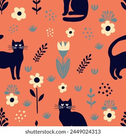 Seamless pattern vector image in flat cartoon style, black cat and flowers on orange background