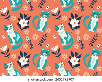 Seamless pattern vector image in flat cartoon style, cat and flowers on orange background