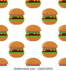 Seamless pattern. A vector image of a hamburger or cheeseburger. Illustration for decoration of restaurant menu, wrapping paper. Printing on textiles. Flat style.
