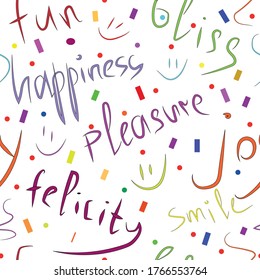 Seamless pattern. Vector image. Packaging paper for the holiday. An atmosphere of happiness, joy, and pleasure. Confetti. Bright kind inscriptions with a brush. Different colors. Positive thinking