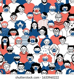 Seamless pattern. Vector image of people wearing medical masks protecting themselves from the virus. Coronavirus epidemic. Flash of influenza. Crowd of people.