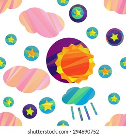 seamless pattern of vector images of stars and the sun in papercut style
