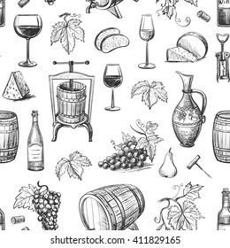 Seamless pattern of vector images of wine and winemaking . Isolated objects on a white background. 