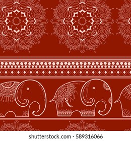  Seamless pattern vector Indian ethnic elephant with mandala. African tribal ornament. Can be used for a coloring book, textile, prints, phone case, greeting card.