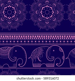  Seamless pattern vector Indian ethnic elephant with mandala. African tribal ornament. Can be used for a coloring book, textile, prints, phone case, greeting card.