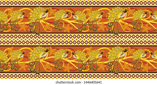 Seamless pattern vector. Indonesian batik motif with peacock illustration,