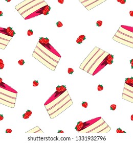 seamless pattern of vector isolated berry cake with strawberry