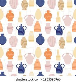 Seamless pattern vector isolated vases for plants and flowers, interior decorations of various shapes and sizes. Collection of ceramic products on a white background, antique vessels and cups.